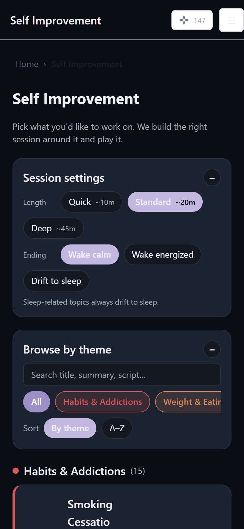 Self Improvement topics with session settings