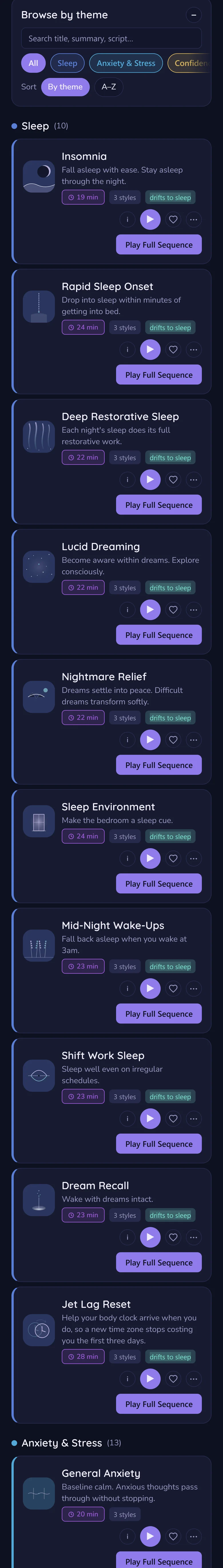 The intropi library on a phone, scrolling from Browse by theme down through the sleep sessions and their lengths