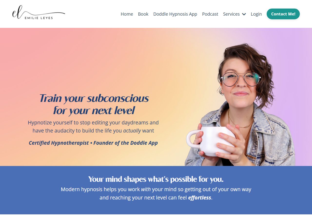 Emilie Leyes homepage with her portrait and a message about training the subconscious