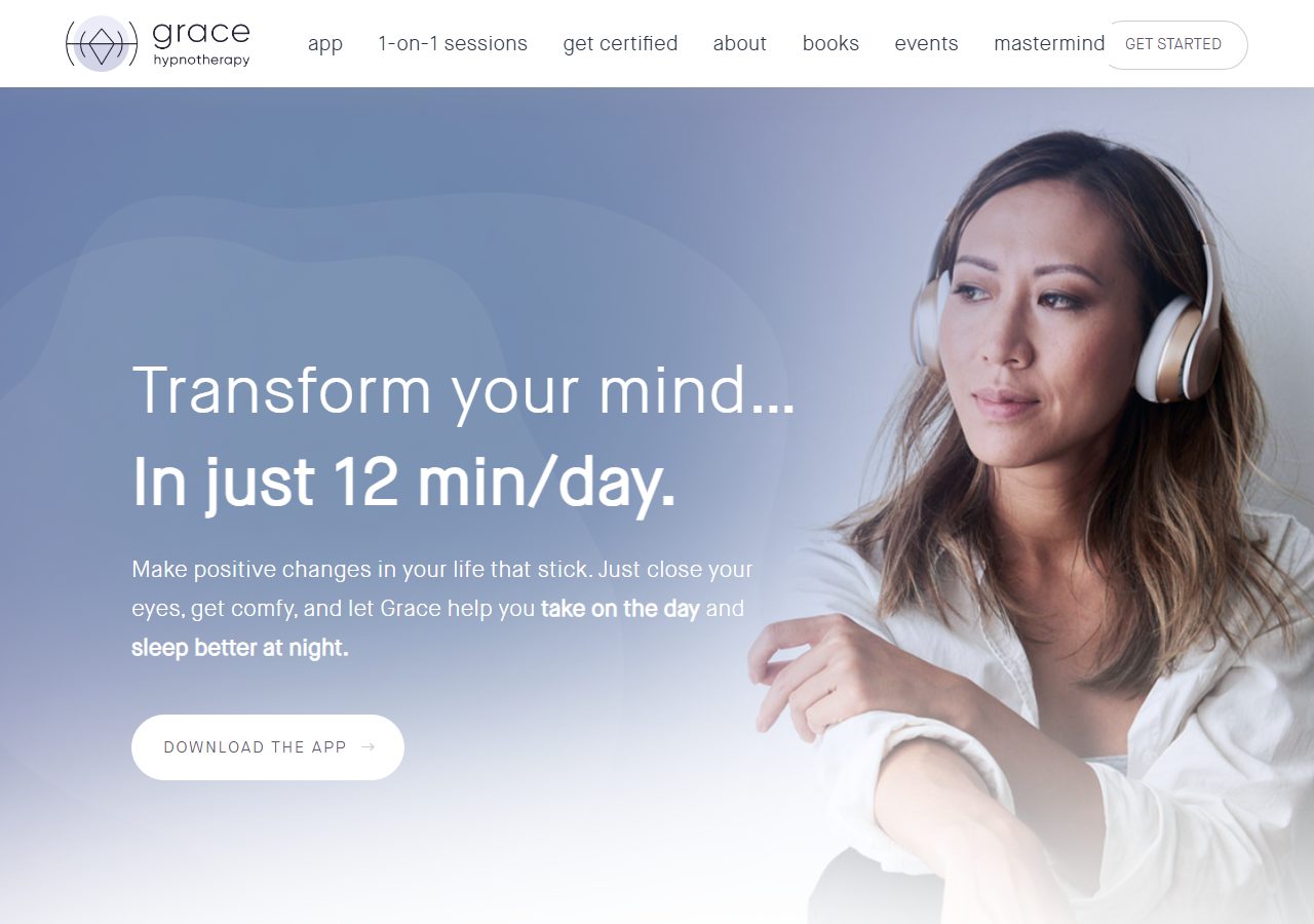 Grace Hypnotherapy homepage with a headphone-wearing listener and a promise of 12-minute daily sessions