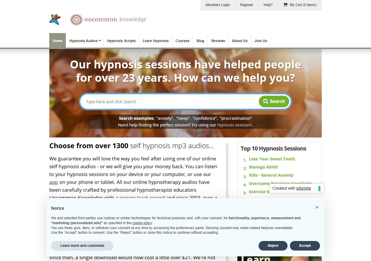 Hypnosis Downloads homepage with a session search bar, a 1,300-audio claim, and a cookie notice