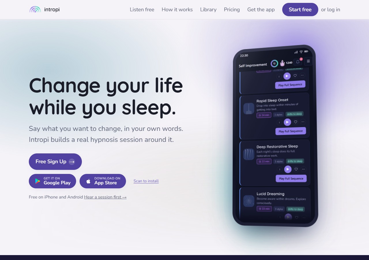 Intropi homepage with a sleep-session phone mockup and live Google Play and App Store buttons