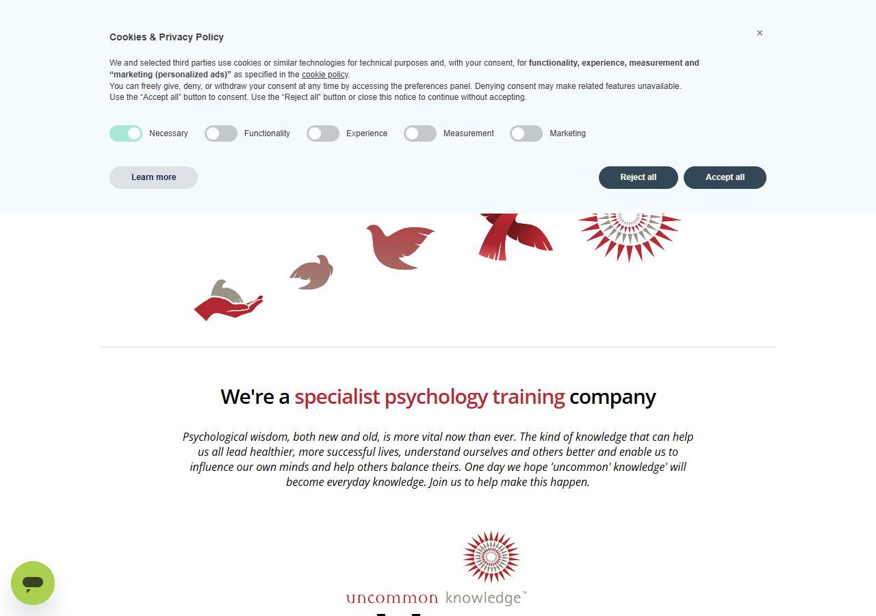 Uncommon Knowledge homepage with a cookie-controls panel, bird illustrations, and specialist psychology training text