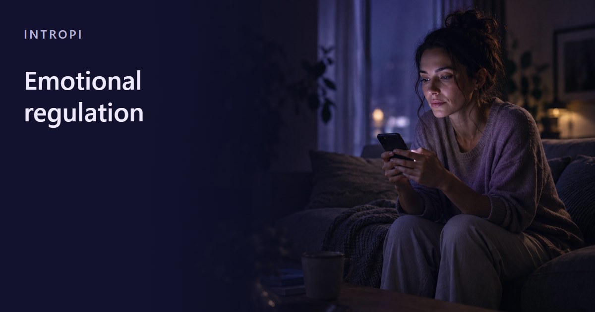 A woman sits on the edge of a sofa at night, phone in both hands, pausing before she replies.