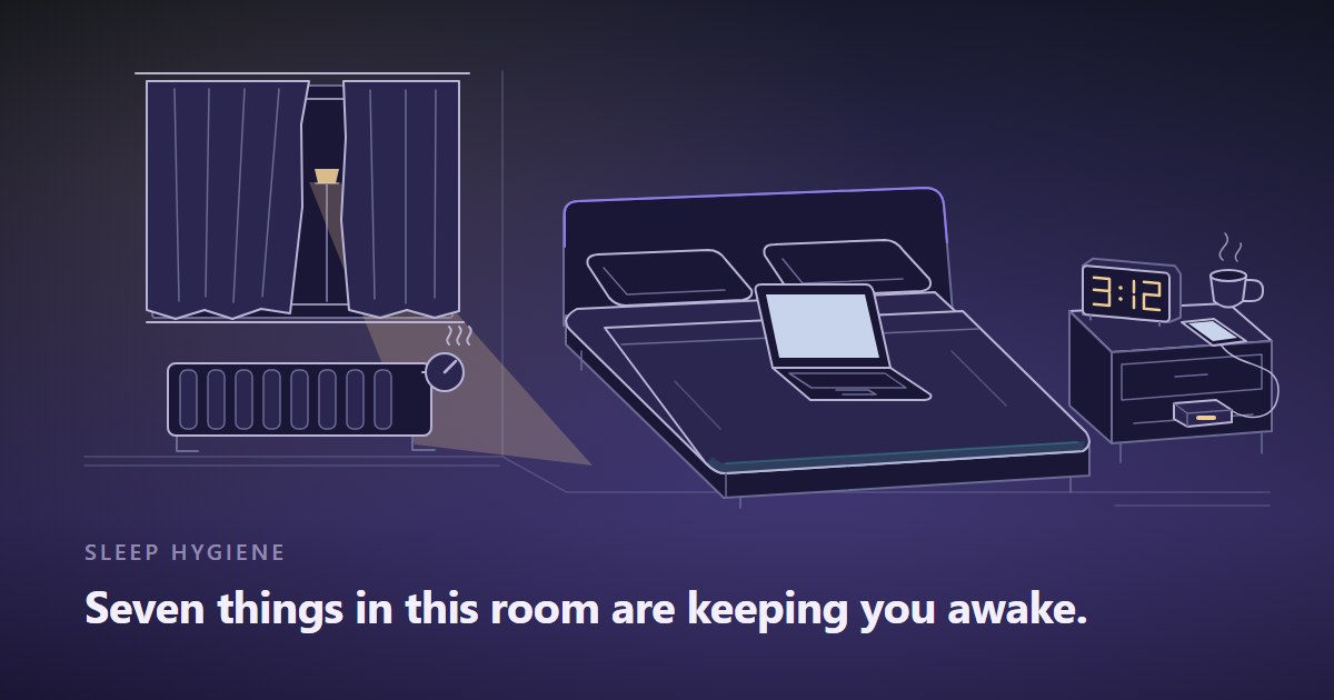 A bedroom at night with seven small things wrong in it: a glowing phone, a charger light, a clock turned to face the bed, a curtain gap letting a street lamp in, an open laptop, a coffee mug and a radiator turned up.