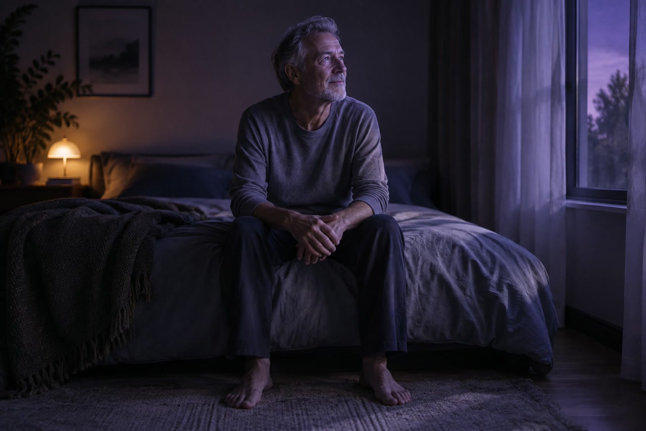 A man sits on the edge of his bed, feet on the floor, looking toward the window.