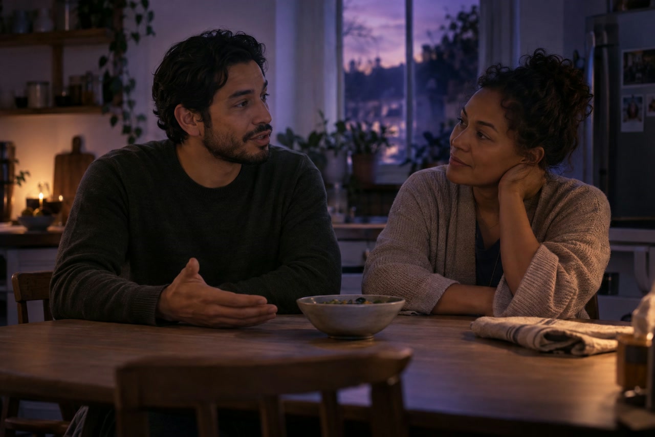 A man speaks with an open hand at a kitchen table while his housemate listens.