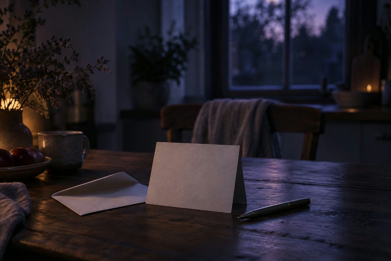A blank folded card stands beside an open envelope and a pen on a kitchen table.