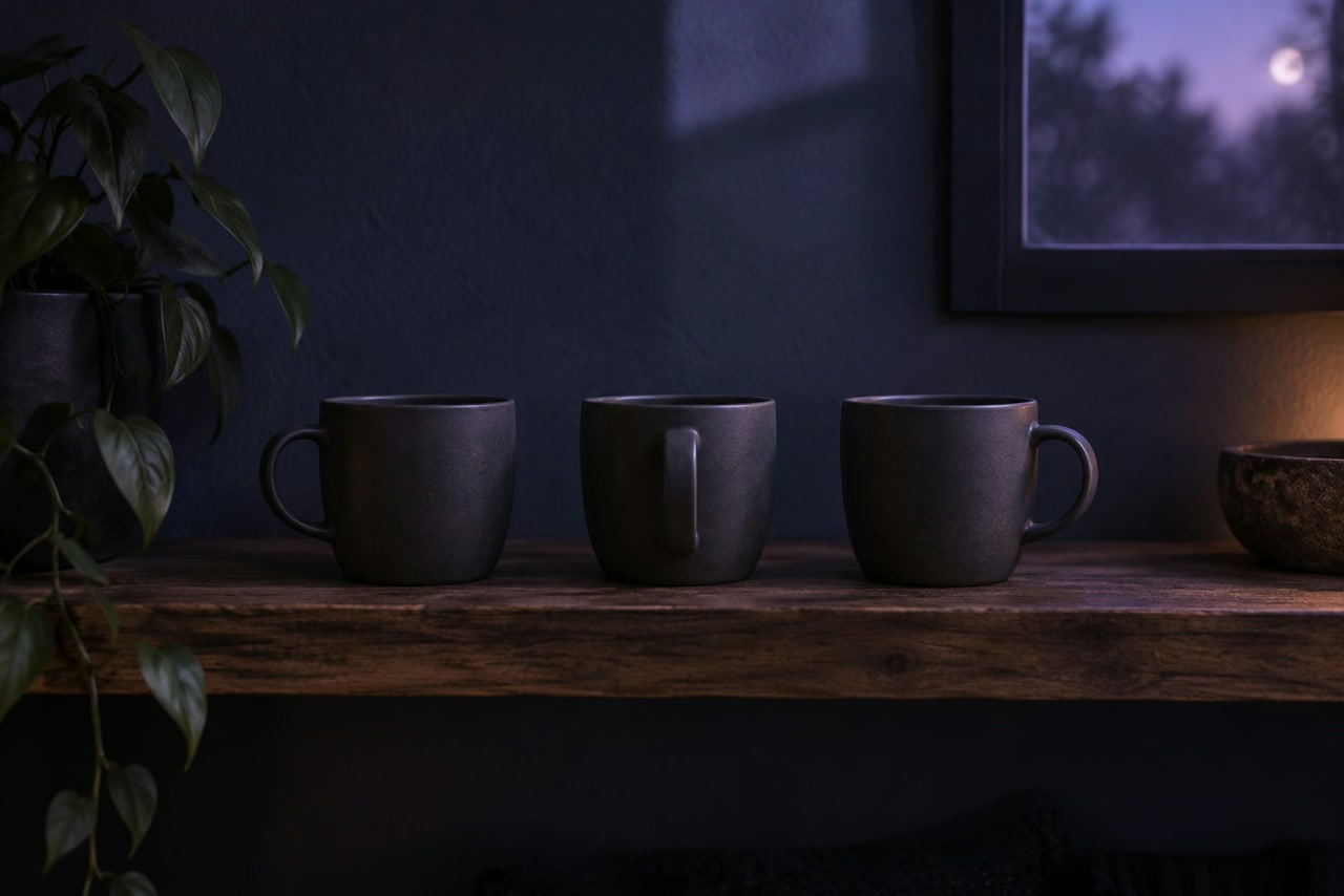 Three matching cups sit on a wooden shelf, with the middle handle turned forward.