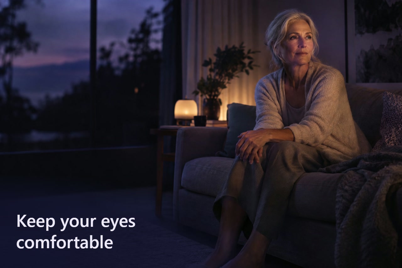 An older woman sits on a sofa with her eyes open, looking across the room in soft violet light.