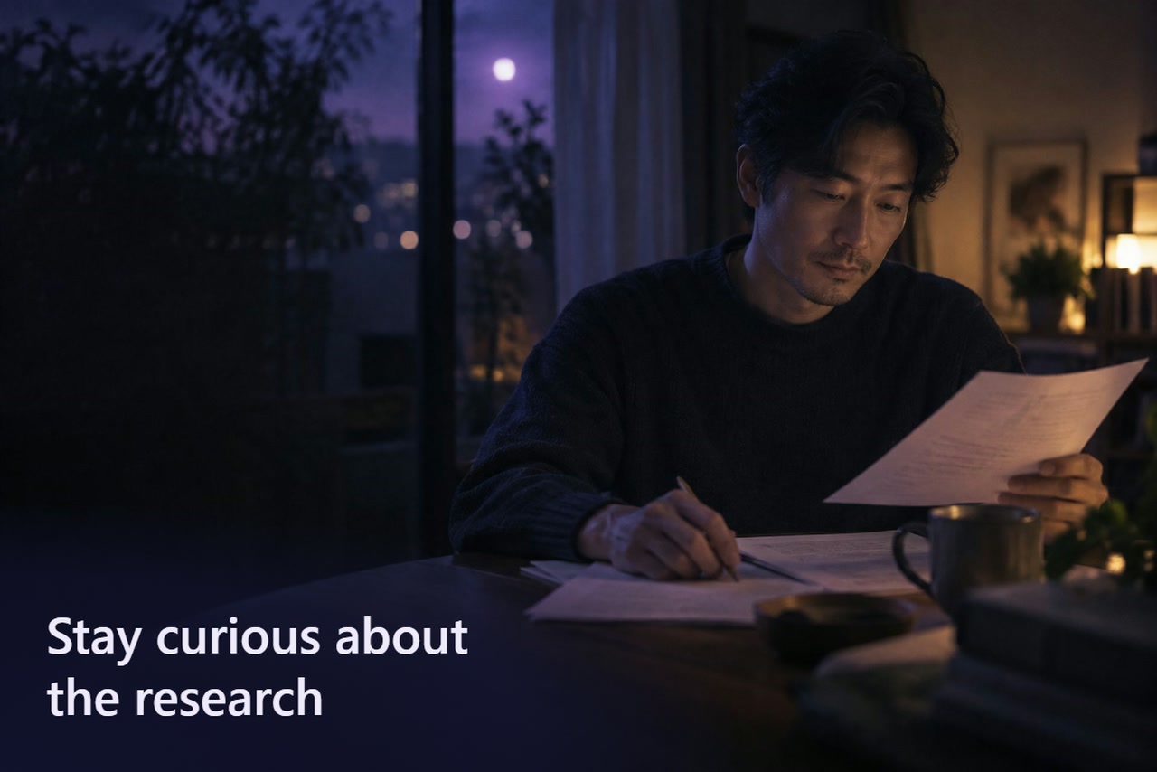 A man reads a research page at a small table, holding a pencil above the papers in violet evening light.