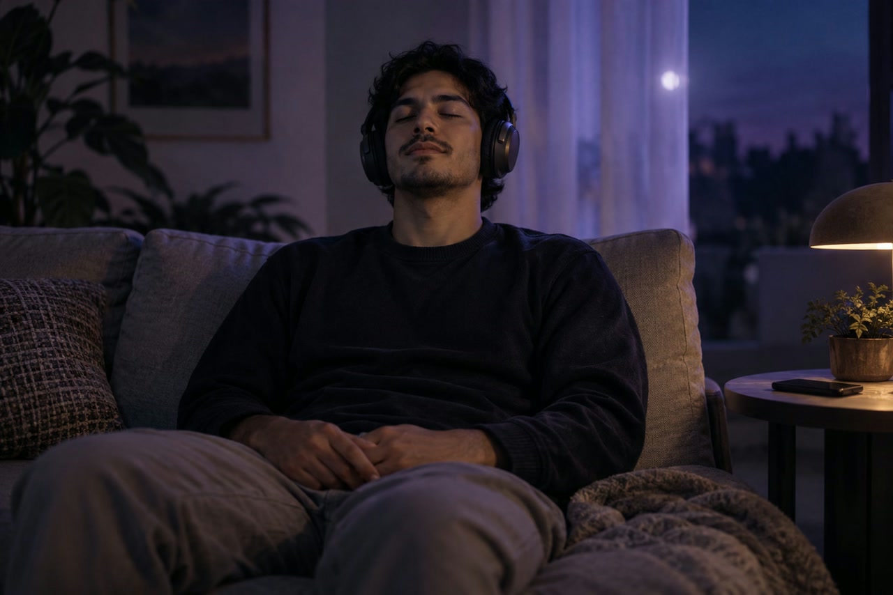 A young man sits against sofa cushions with eyes closed, wearing headphones and resting his hands in his lap.
