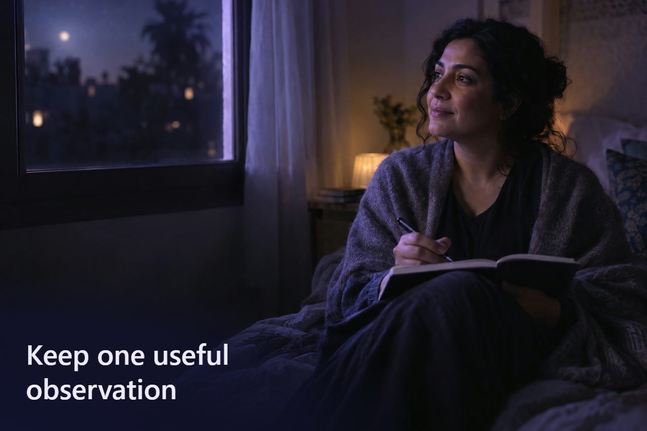 A woman pauses with a pen above an open notebook on her lap, looking toward a dim bedroom window.