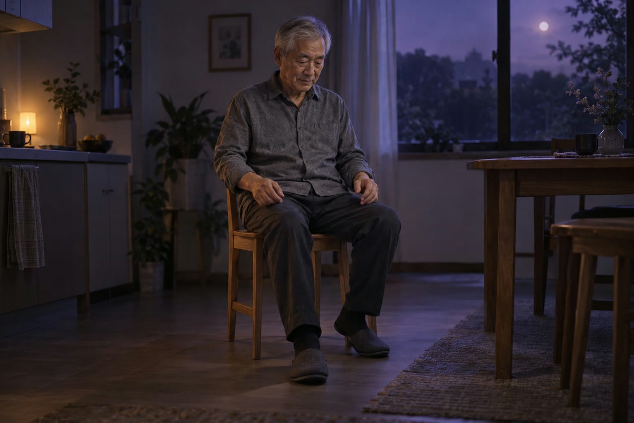 An older man sits in a chair with relaxed hands and one foot drawn back beneath him.