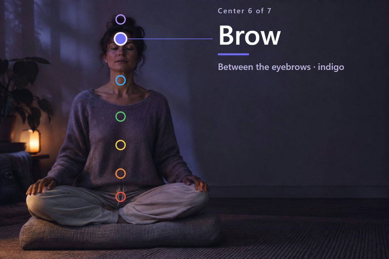 A seated adult has seven markers, with the brow marker highlighted and labeled 6 Brow.
