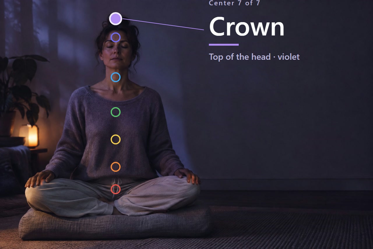 A seated adult has seven markers, with the crown marker highlighted and labeled 7 Crown.