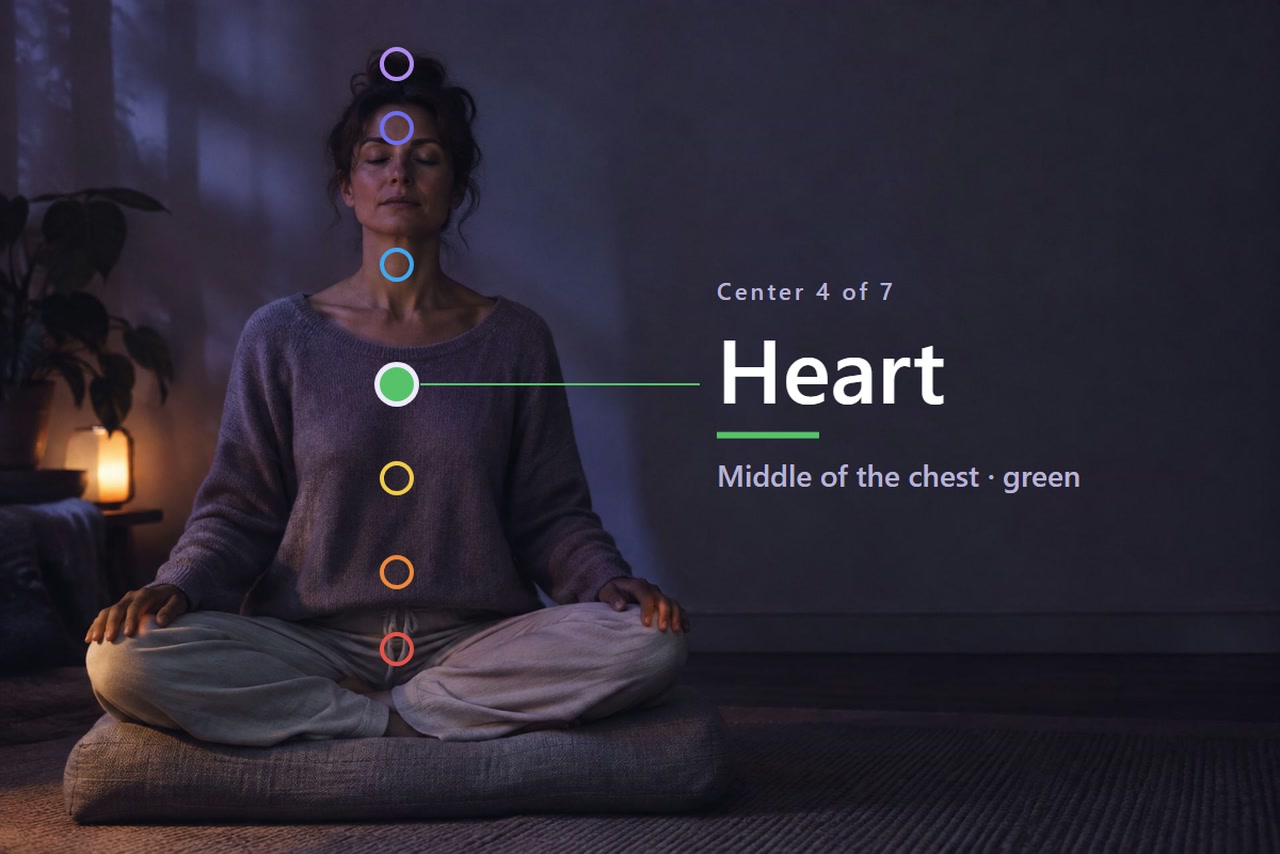 A seated adult has seven markers, with the heart marker highlighted and labeled 4 Heart.