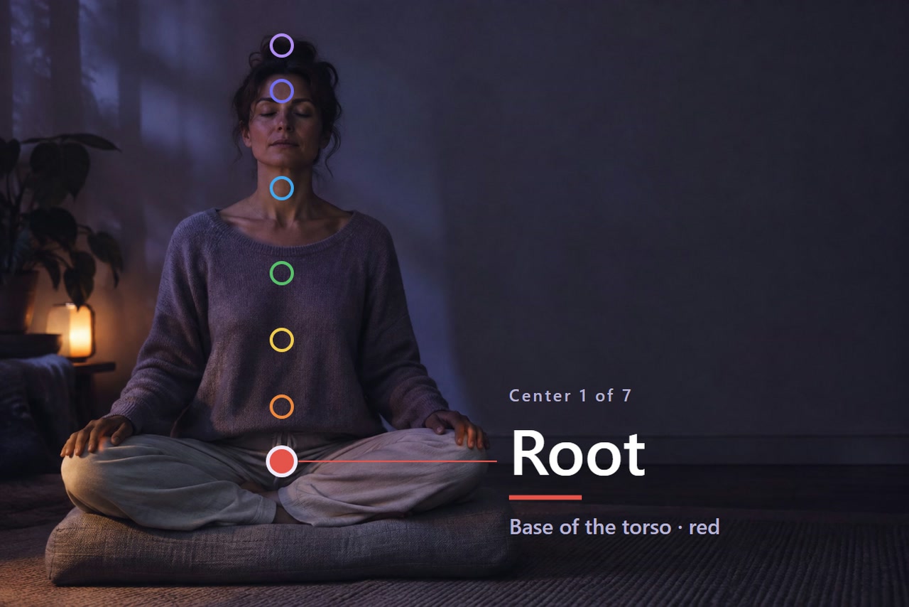 A seated adult has seven markers, with the root marker highlighted and labeled 1 Root.
