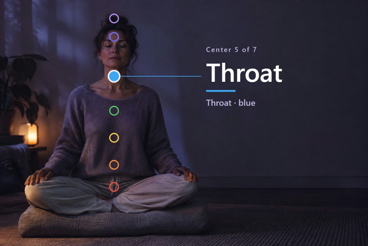 A seated adult has seven markers, with the throat marker highlighted and labeled 5 Throat.