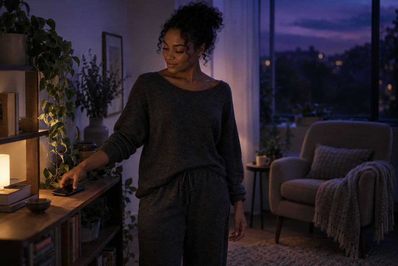 A woman sets a dark phone on a shelf away from an empty cushioned chair.