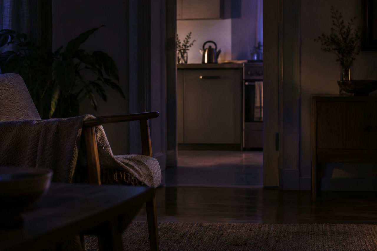 An empty cushioned chair faces an open kitchen doorway with a kettle beyond it.