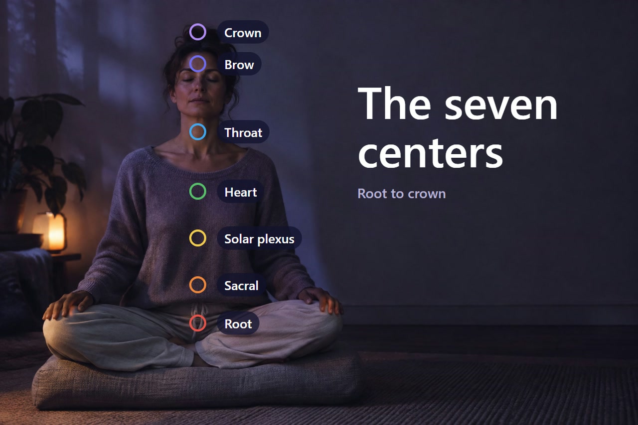 A seated adult has seven labeled markers showing the attention route from Root to Crown.
