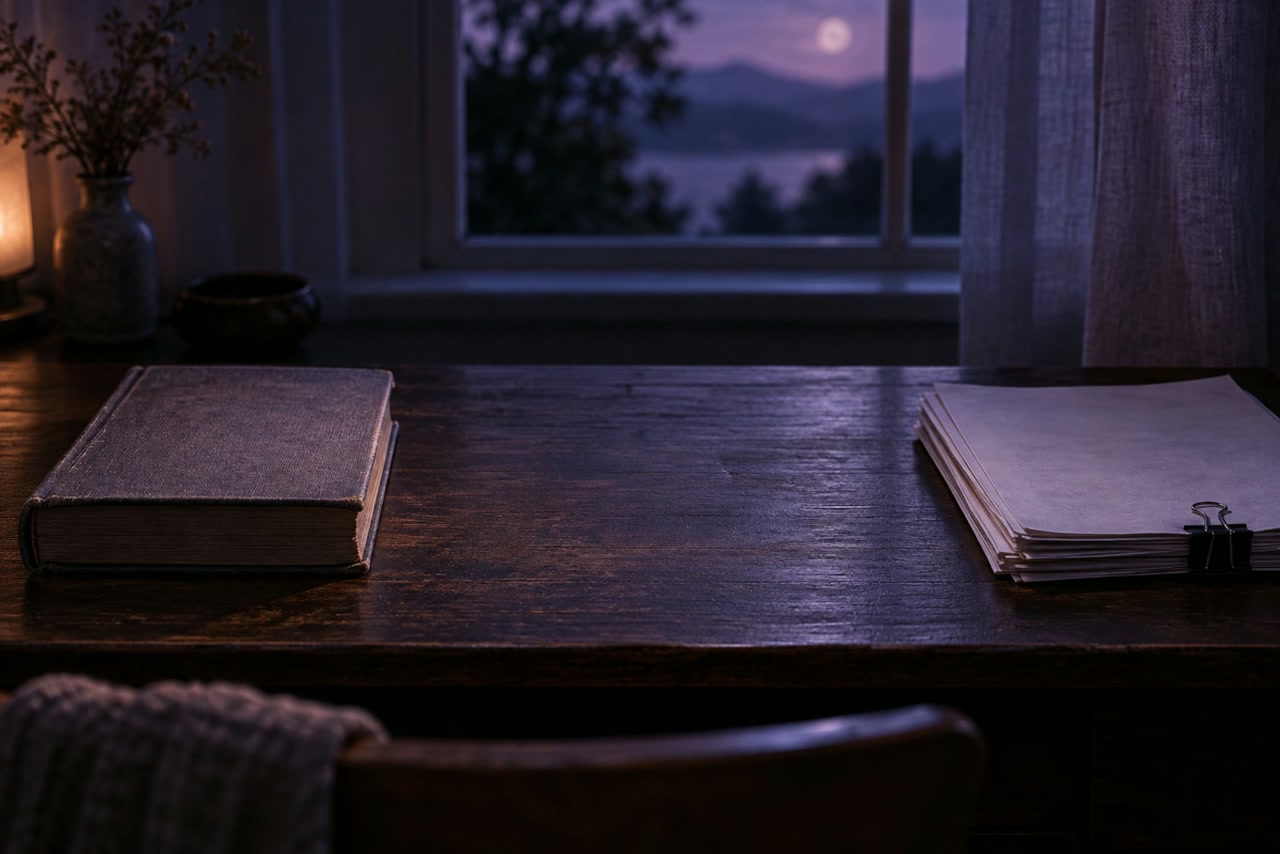 A worn closed book and a clipped stack of blank papers sit apart on a wooden desk.