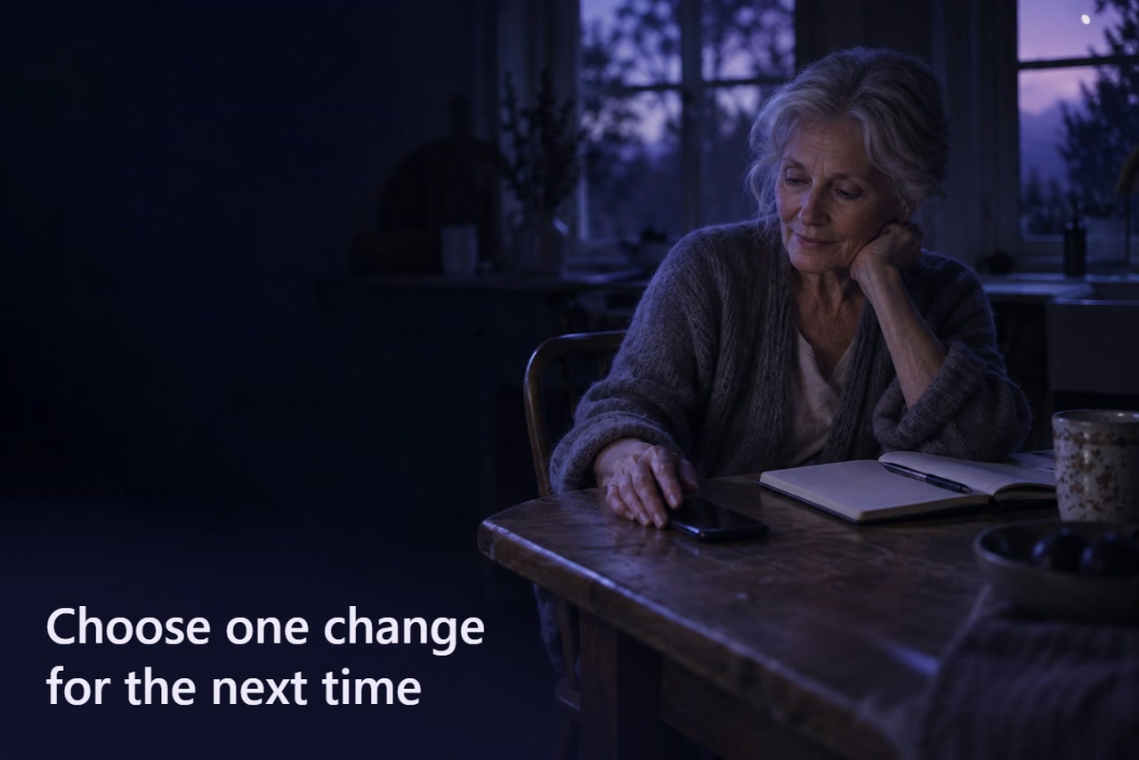 An older woman sets a phone beside an open notebook and pen on a kitchen table.