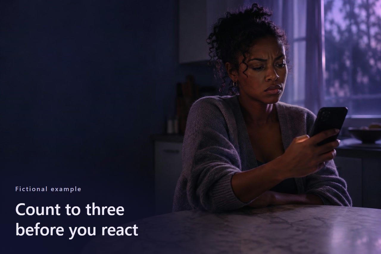 A woman pauses with a phone at a kitchen table, her shoulders raised.