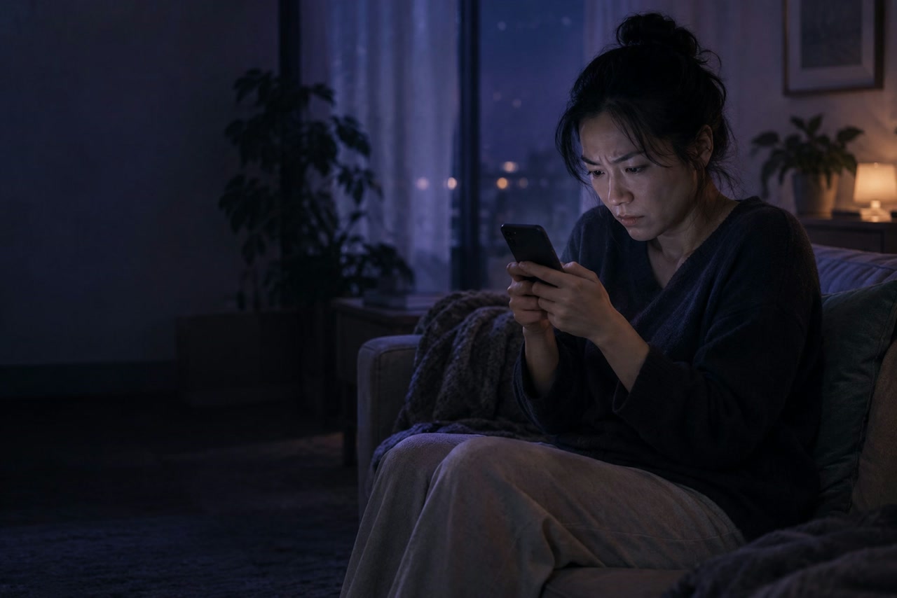 A woman with raised shoulders holds a phone while composing a reply.
