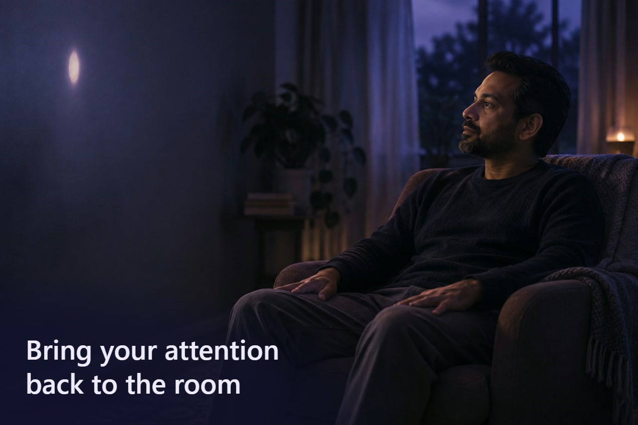 A man in an armchair looks toward a patch of light on the wall.