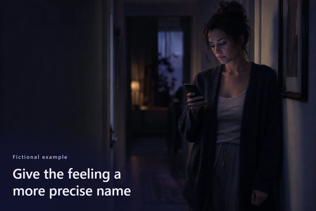 An adult pauses while holding a phone and looking at its screen.