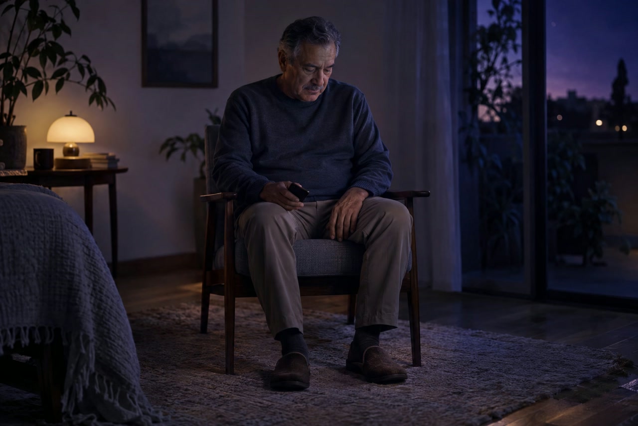 An older man holds a phone low in his lap and looks toward his feet.