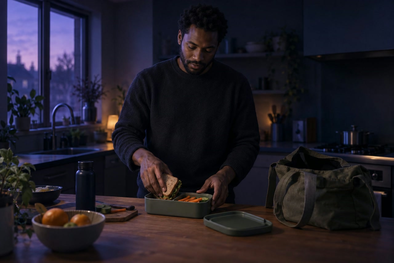 A man packs a sandwich and vegetables into a lunch box beside a work bag.