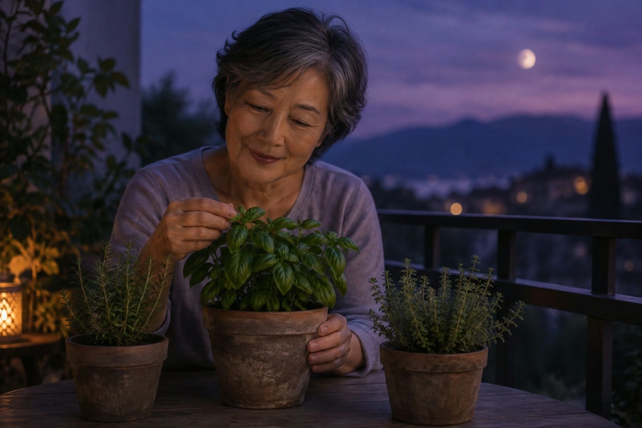 An older woman tends a pot of herbs on a balcony at twilight.