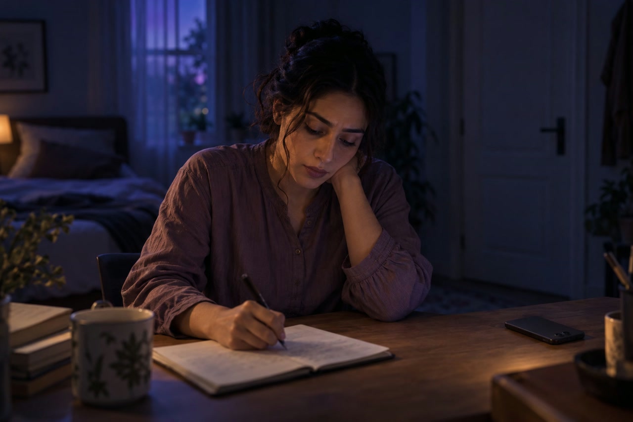 A woman writes in a notebook with a face-down phone at the far edge of the desk.