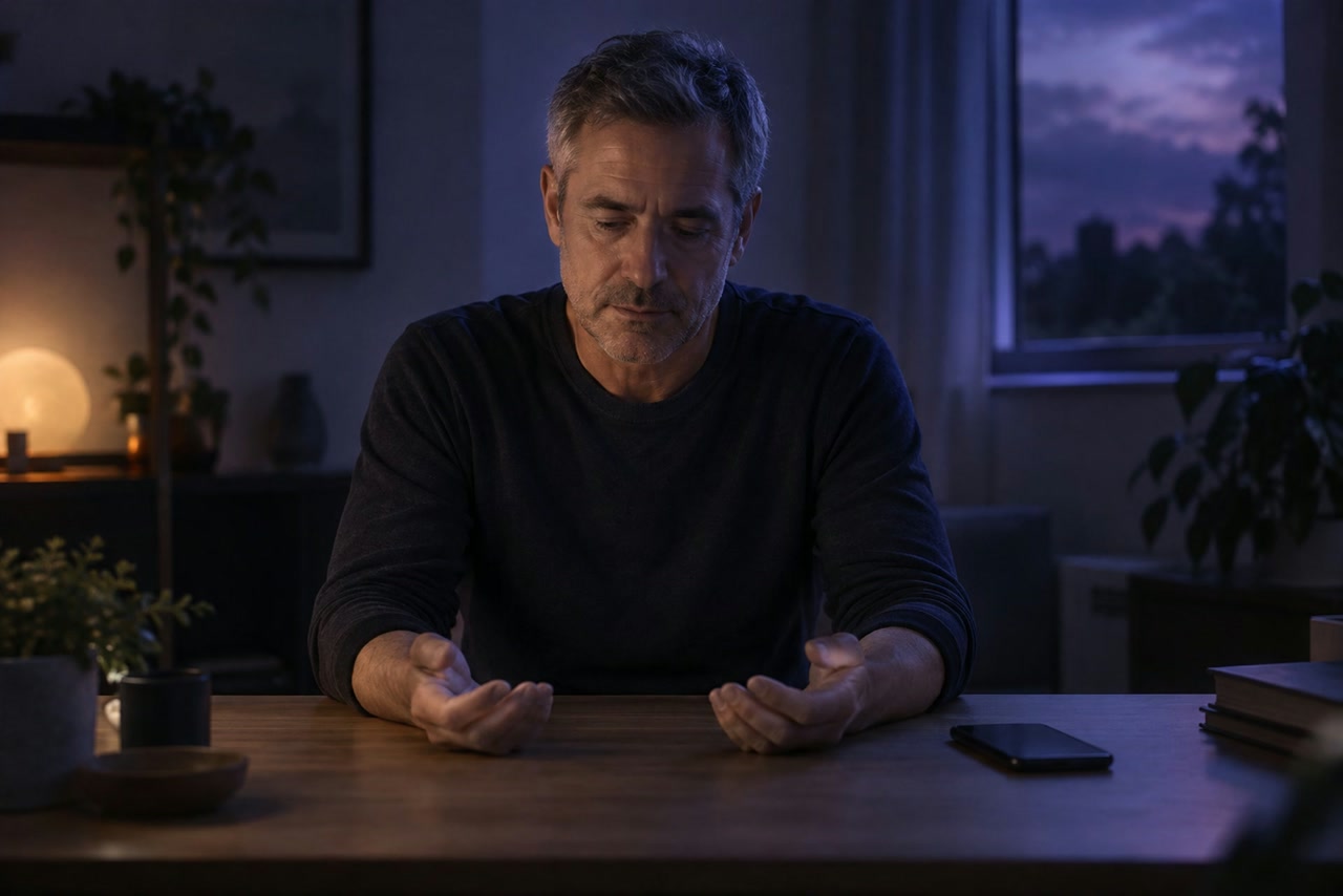 A man relaxes his shoulders and opens both hands beside a dark phone.