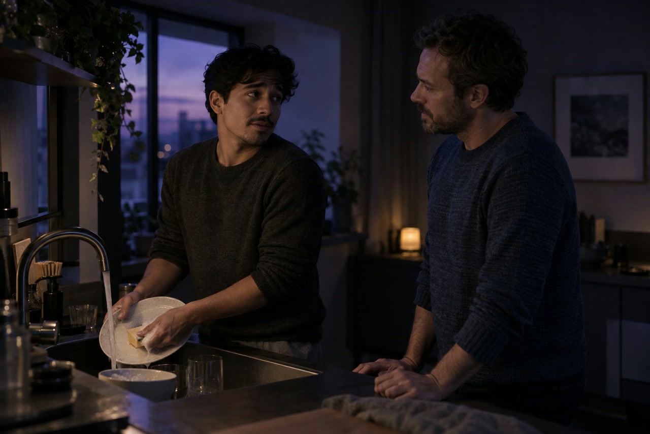 A man washes a plate while speaking to his housemate beside the kitchen sink.