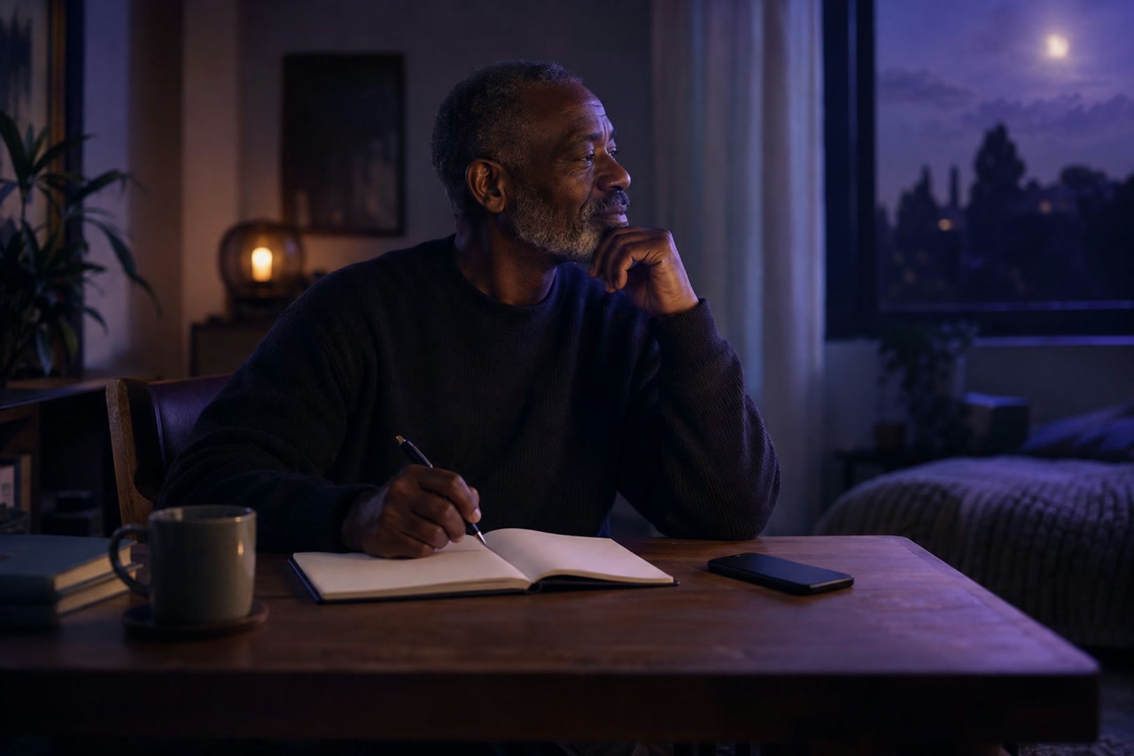 An older man pauses with a pen over a notebook beside a dark phone.