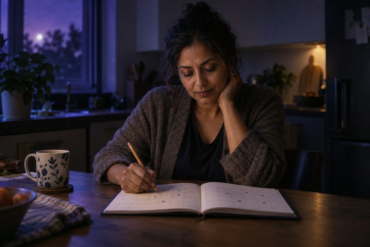 A woman marks recurring days in a paper planner at a kitchen table.