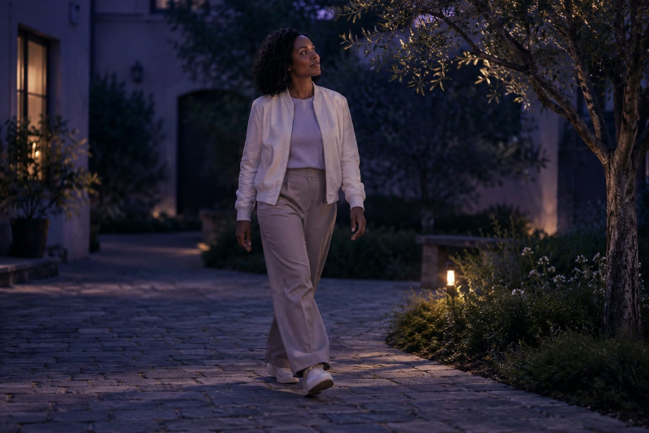 A woman walks through a courtyard, looking toward a tree with her hands free.