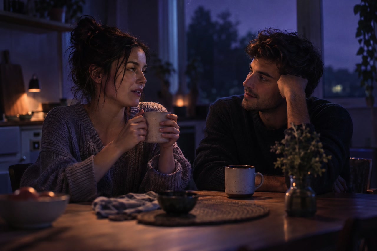 Two people sit close at a kitchen table with mugs, one talking and the other listening.