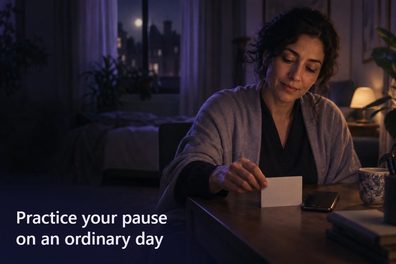 A woman places a reminder card beside a phone on her desk.