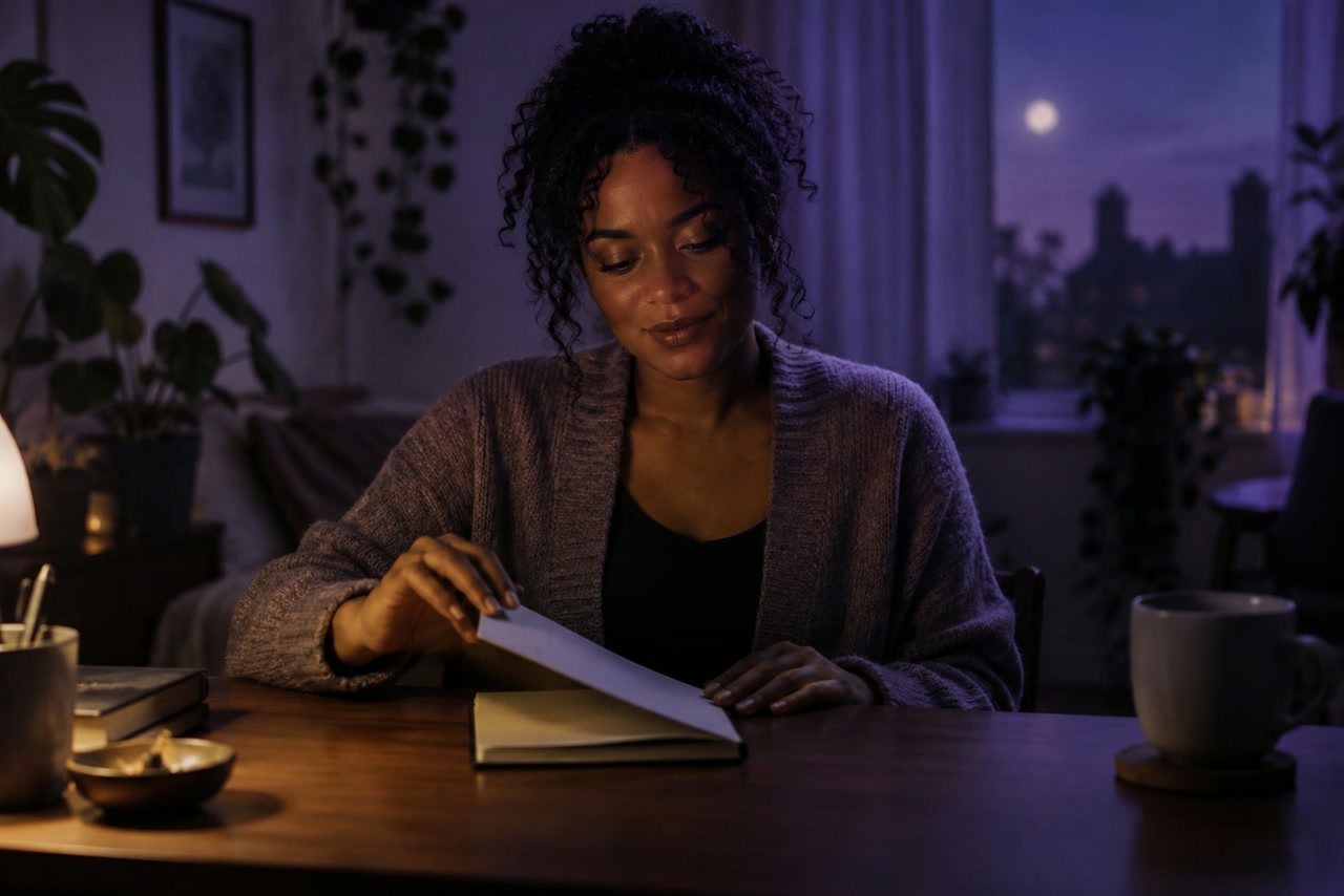 At a home desk, a woman opens a plain notebook in soft violet light.