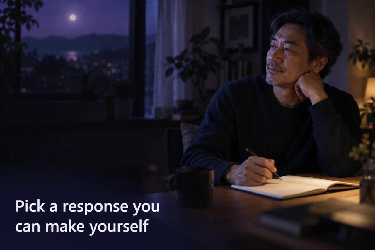 A man pauses with a pen above an open notebook at a quiet home desk at night.