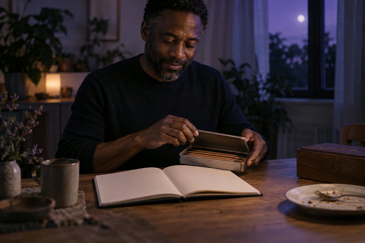 A man opens a pencil tin beside a blank sketchbook on a cleared dining table.