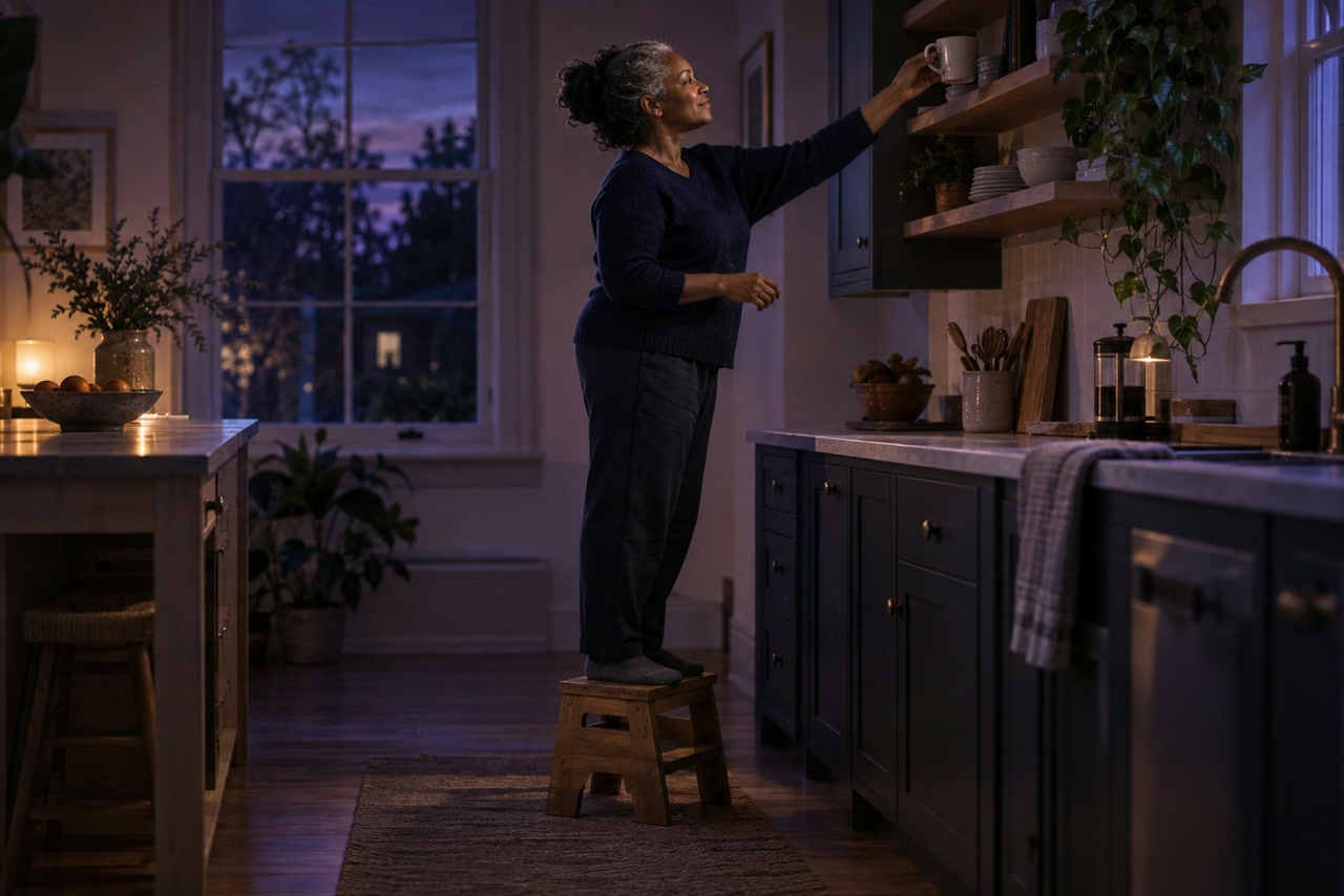 A woman stands on a low stool to reach a mug in a dim kitchen.