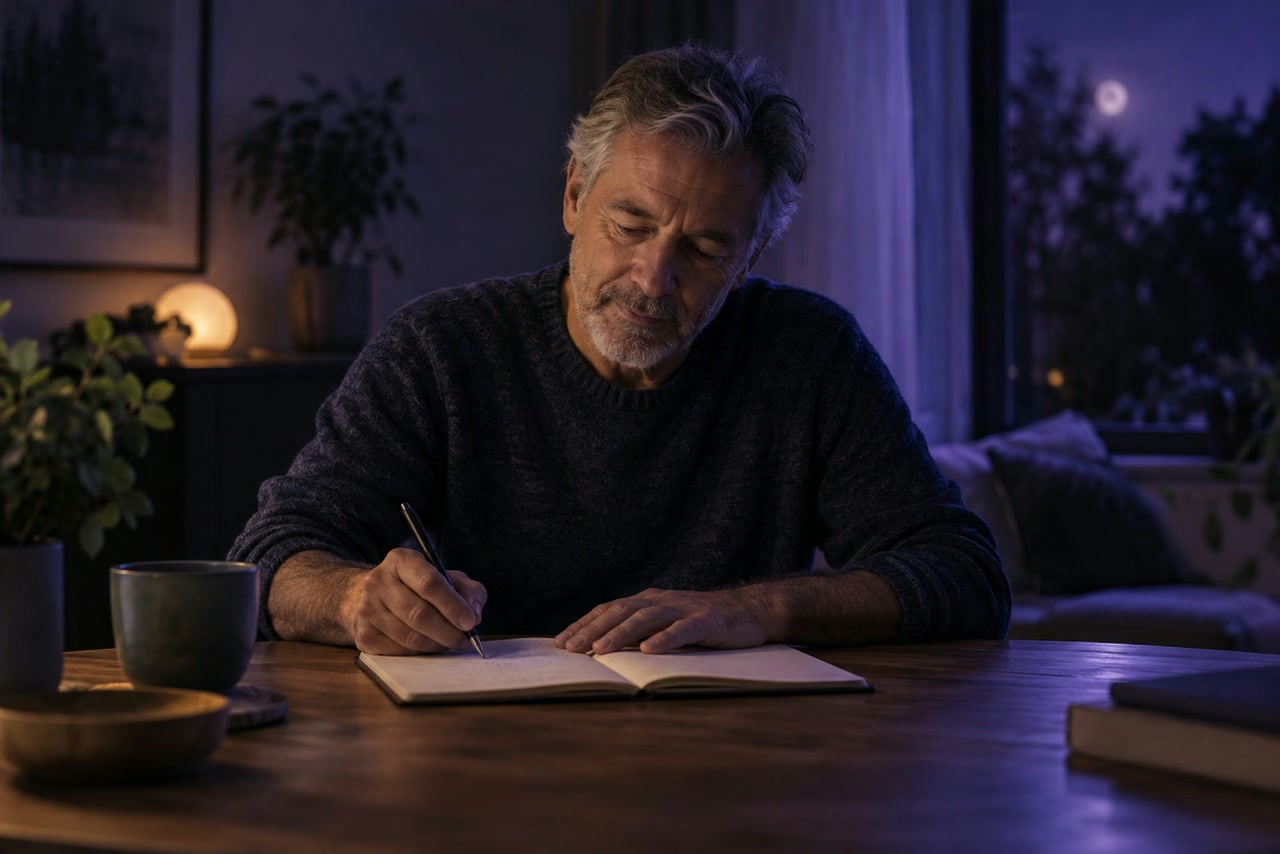 An older man sits at a home table, writing a note in an open notebook.