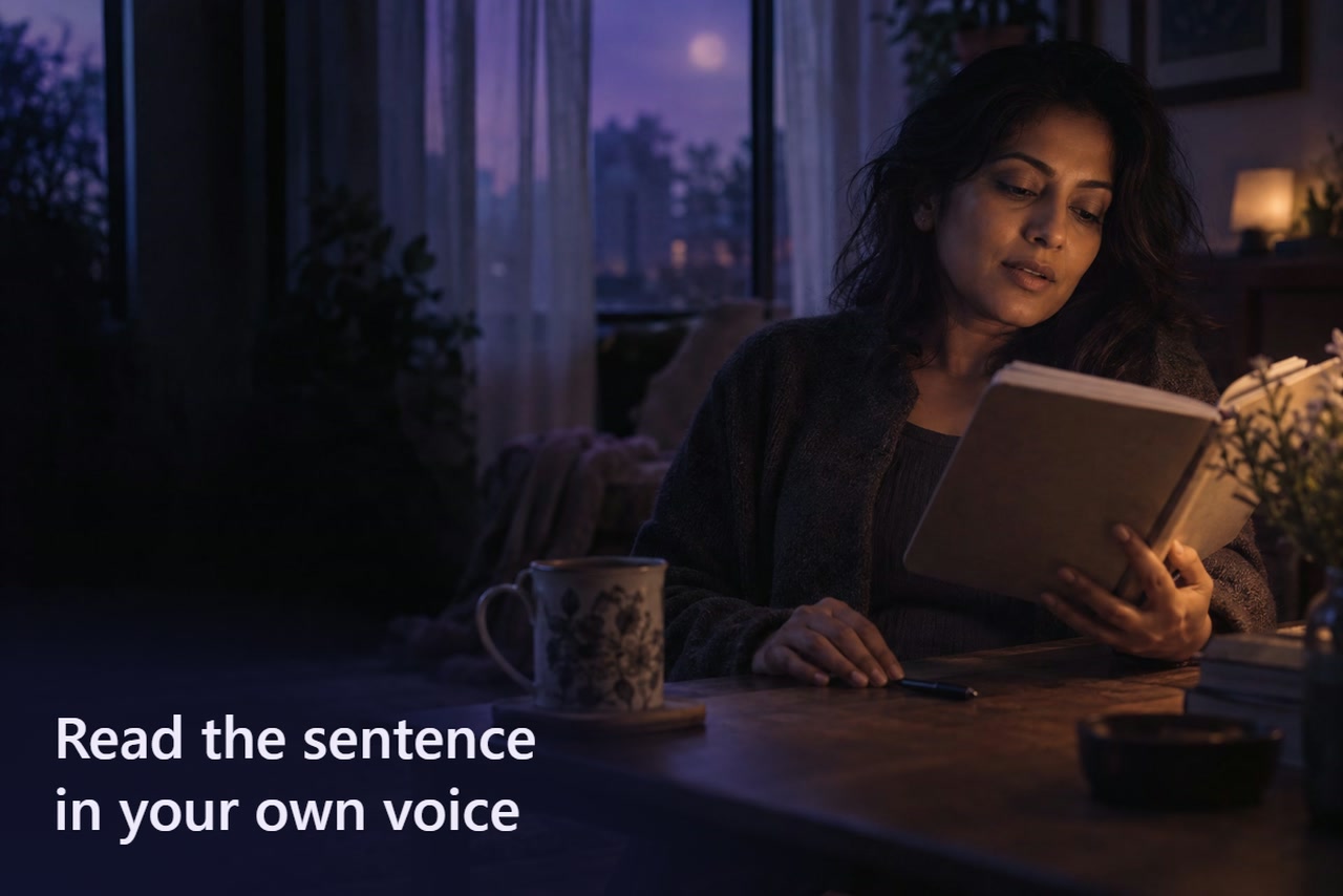 A woman holds an open notebook and reads with lips slightly parted beside a pen on a table.