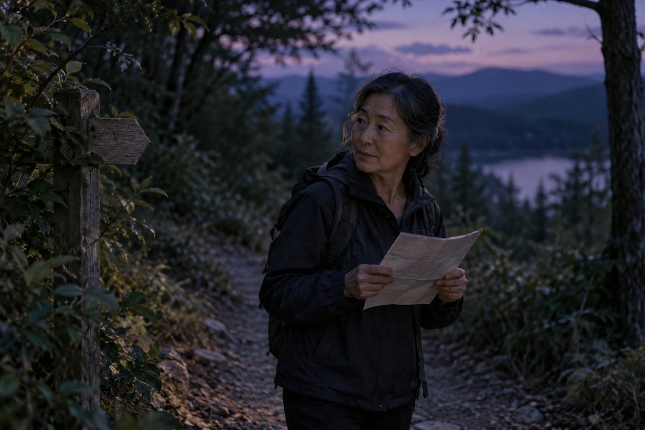 An older woman holding a folded map looks back at a wooden path marker partly hidden by leaves.